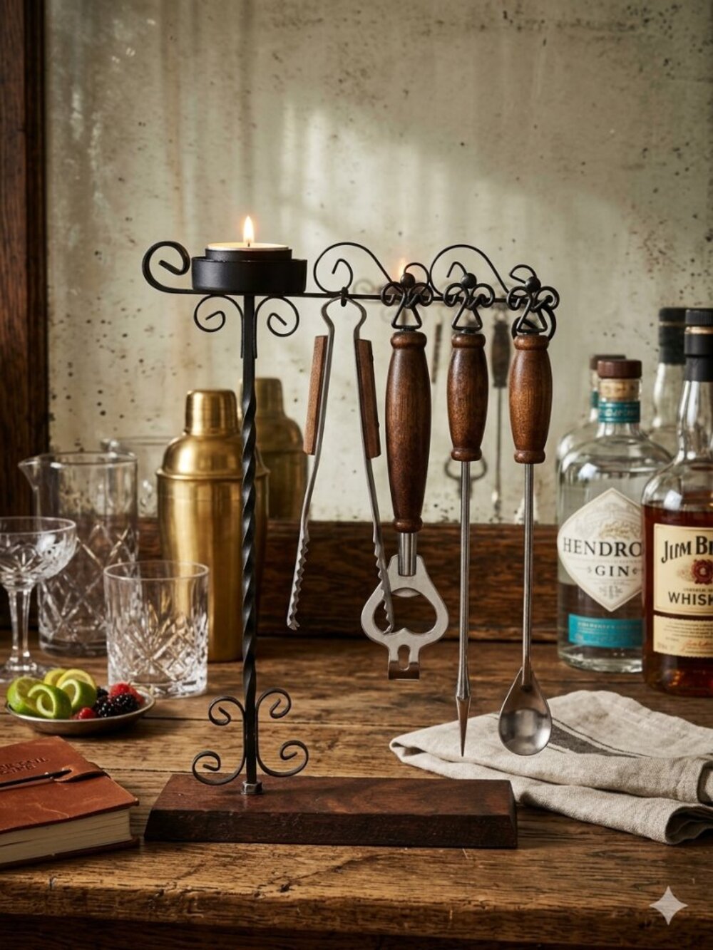 Vintage Mid-Century Wrought Iron & Wood Bar Tool Set with Candle Holder